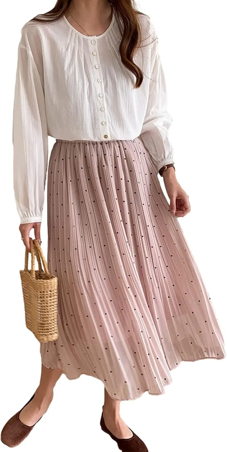 Women's Dot Print Midi Skirts Elastic High Waist Double Layer Chiffon Pleated Skirts Summer Casual A-line Skirts