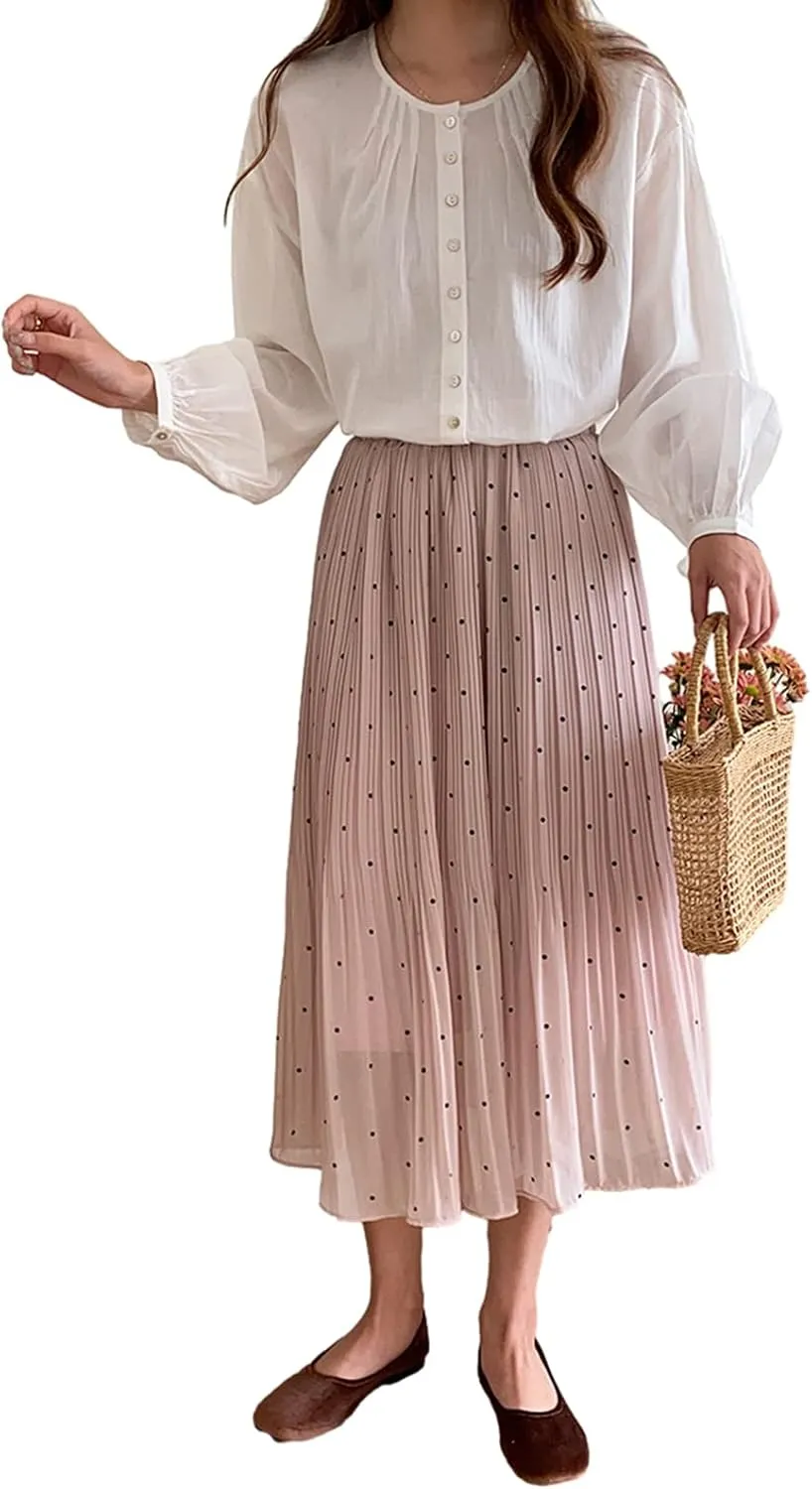 Women's Dot Print Midi Skirts Elastic High Waist Double Layer Chiffon Pleated Skirts Summer Casual A-line Skirts