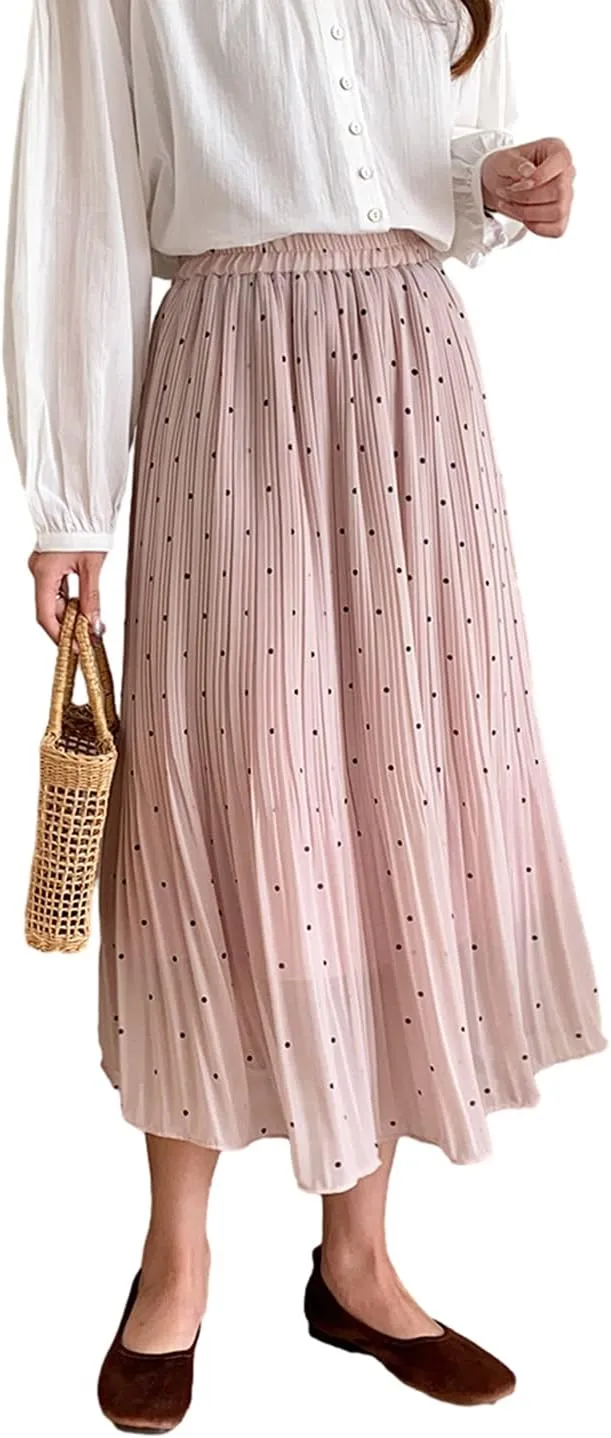 Women's Dot Print Midi Skirts Elastic High Waist Double Layer Chiffon Pleated Skirts Summer Casual A-line Skirts