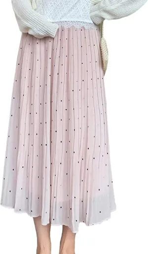 Women's Dot Print Midi Skirts Elastic High Waist Double Layer Chiffon Pleated Skirts Summer Casual A-line Skirts