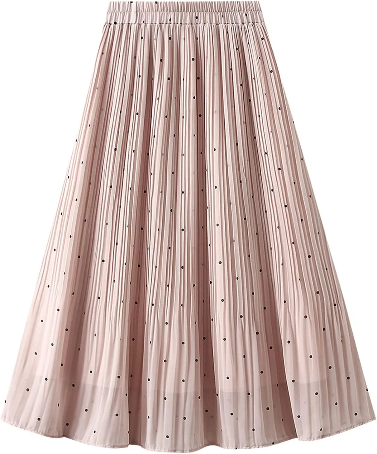Women's Dot Print Midi Skirts Elastic High Waist Double Layer Chiffon Pleated Skirts Summer Casual A-line Skirts
