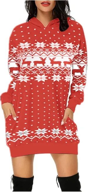 Women's Fashion Hoodie Dress Fall Casual Long Sleeve Christmas Print Loose Lightweight Sweatshirt Dress Plus Size