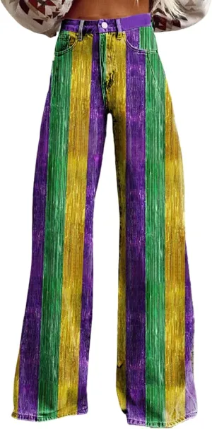 Women's Flare Jeans Wide Leg Baggy Pant Vintage Floral Printed High Waisted Straight Stretch Pants with Pockets