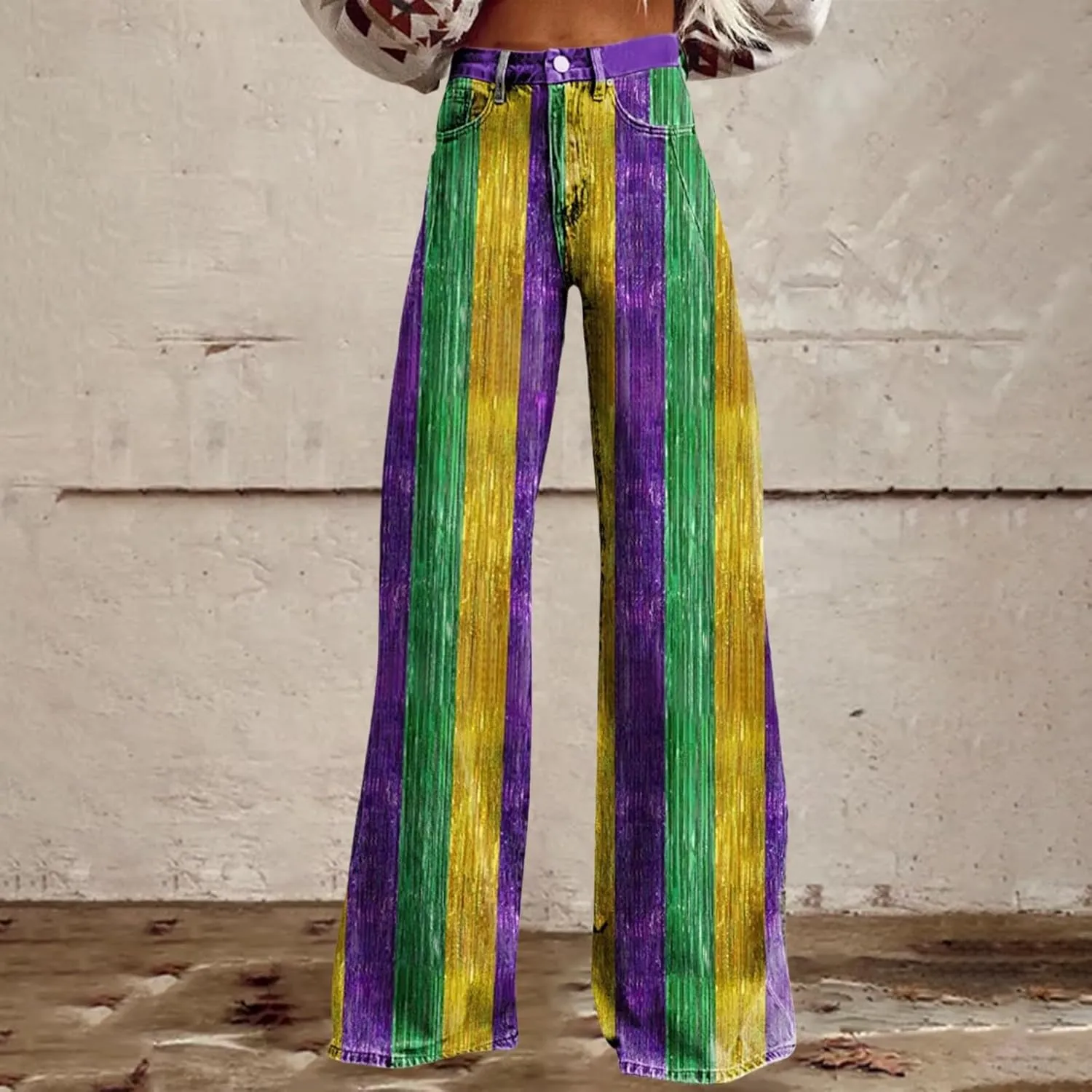 Women's Flare Jeans Wide Leg Baggy Pant Vintage Floral Printed High Waisted Straight Stretch Pants with Pockets