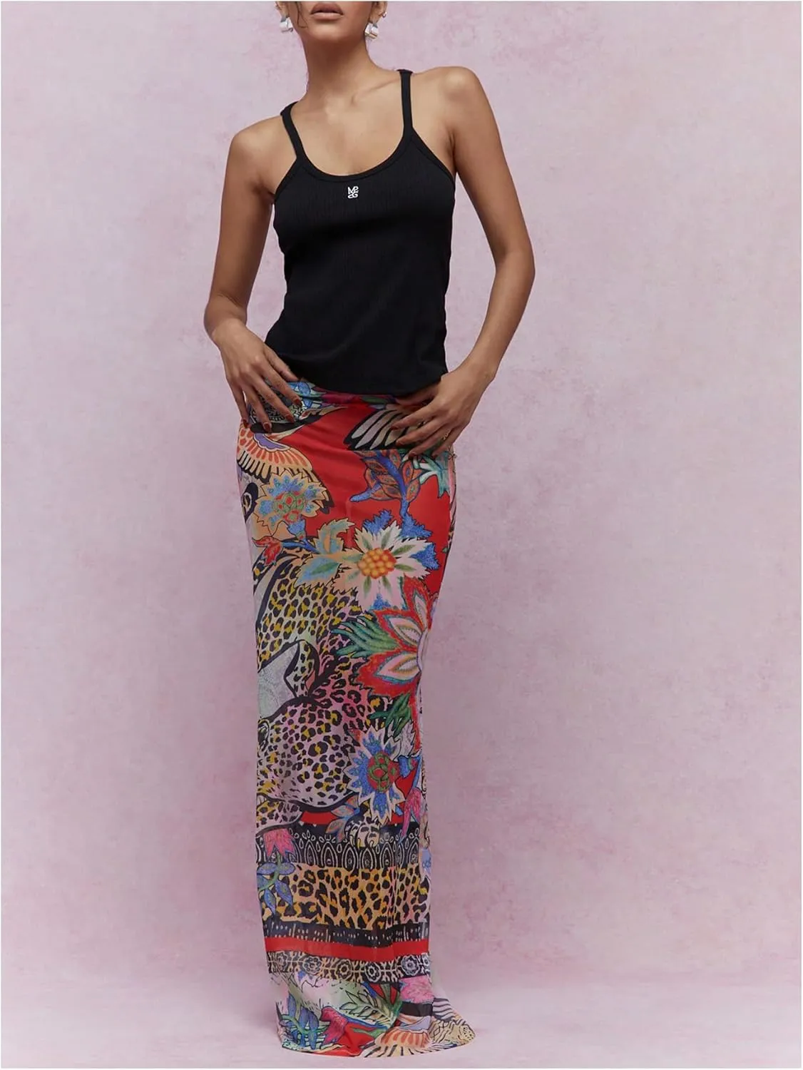 Women's Floral Maxi Skirt Boho Sheer Mesh High Waist Bodycon Long Skirts