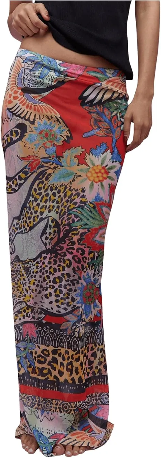 Women's Floral Maxi Skirt Boho Sheer Mesh High Waist Bodycon Long Skirts