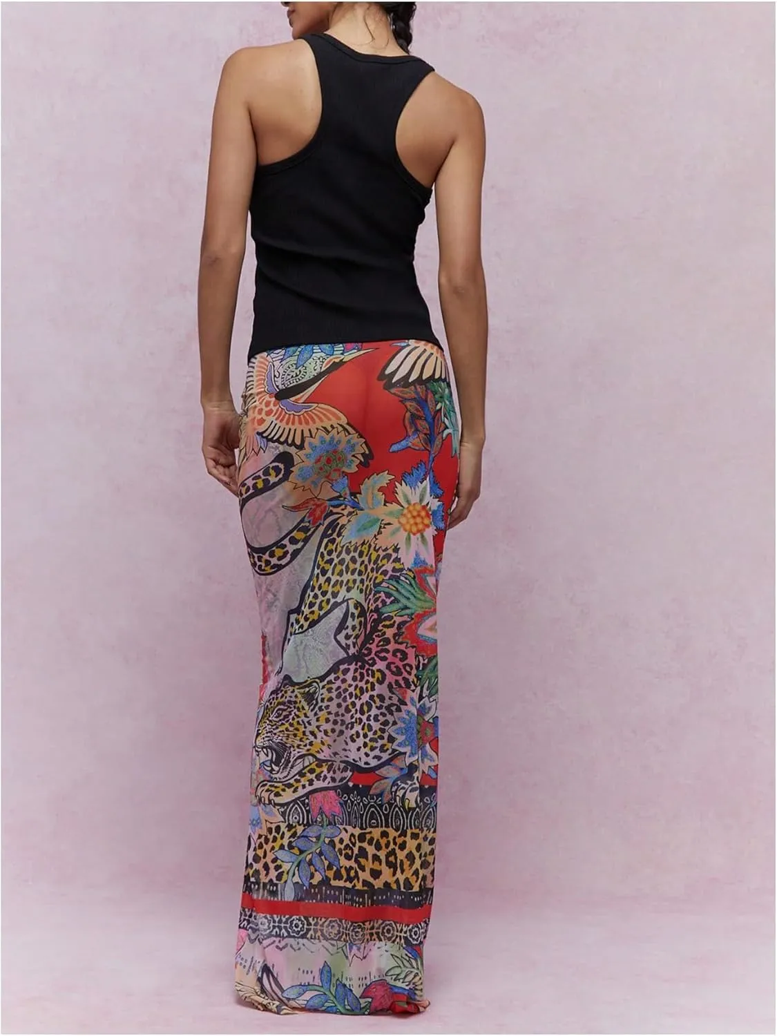 Women's Floral Maxi Skirt Boho Sheer Mesh High Waist Bodycon Long Skirts