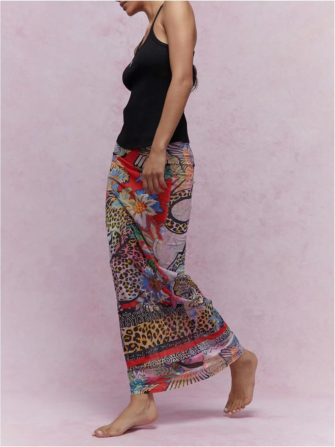 Women's Floral Maxi Skirt Boho Sheer Mesh High Waist Bodycon Long Skirts