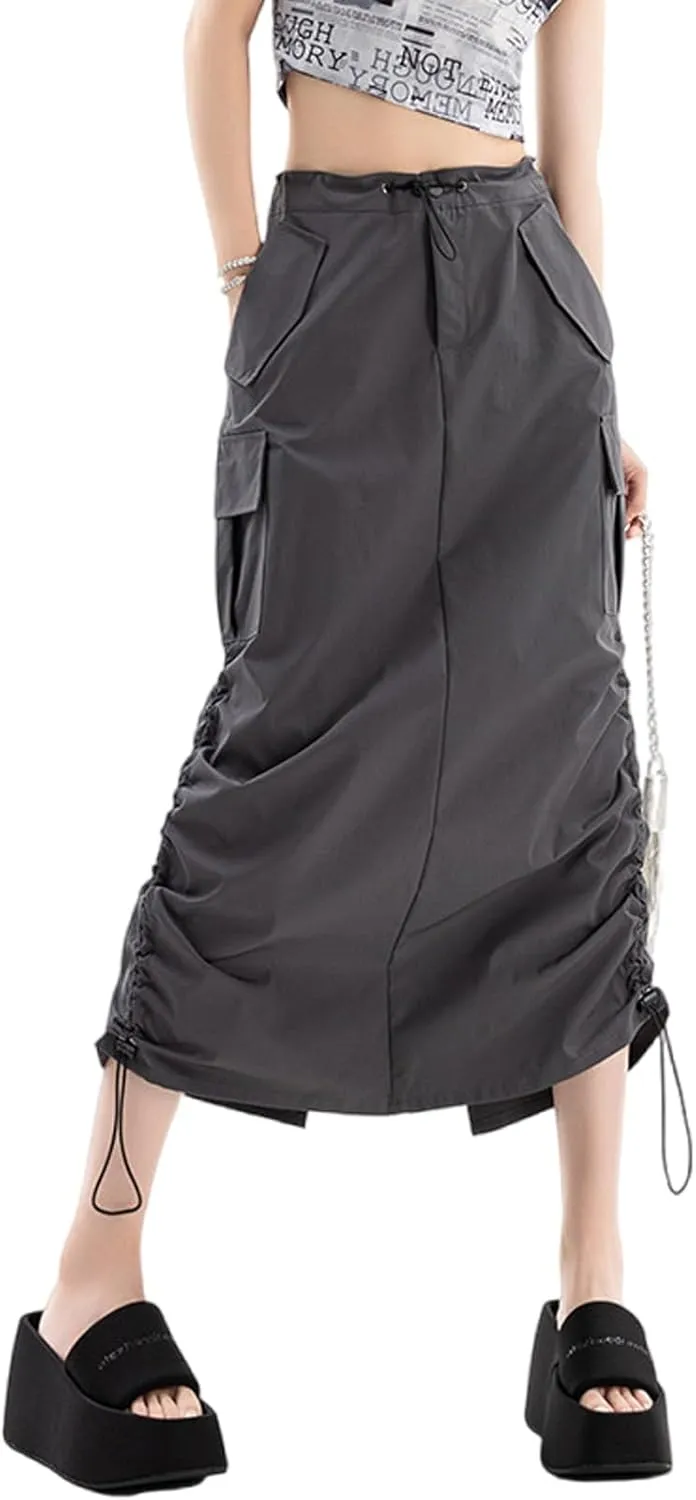 Women's High Waist Cargo Maxi Skirt Ruched Drawstring Baggy Long Skirts