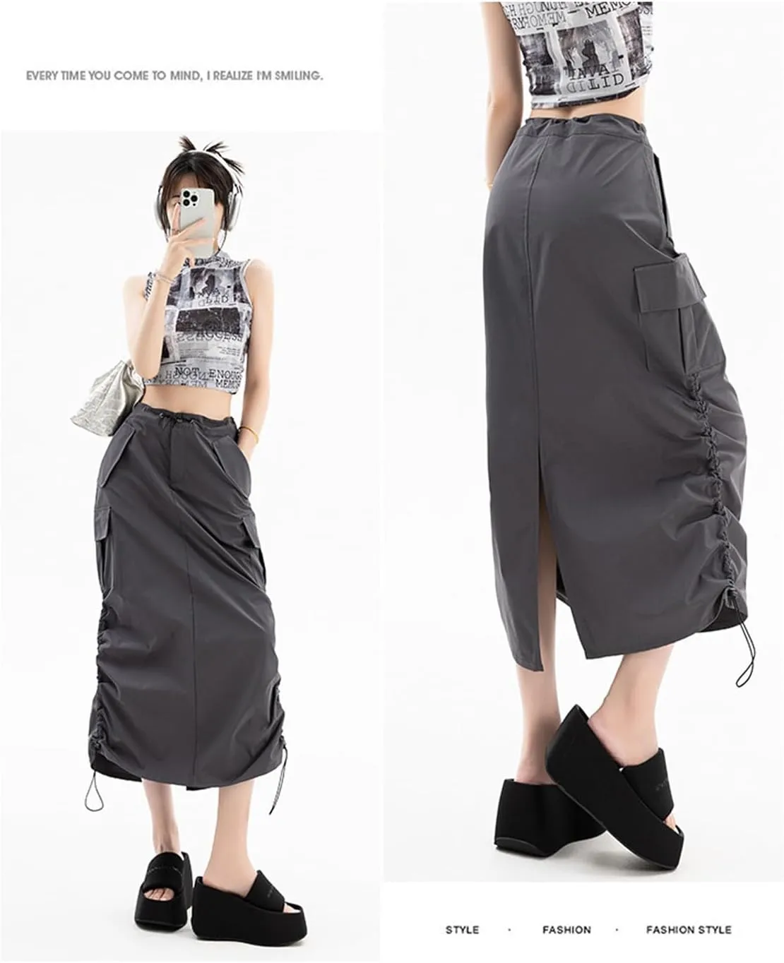 Women's High Waist Cargo Maxi Skirt Ruched Drawstring Baggy Long Skirts