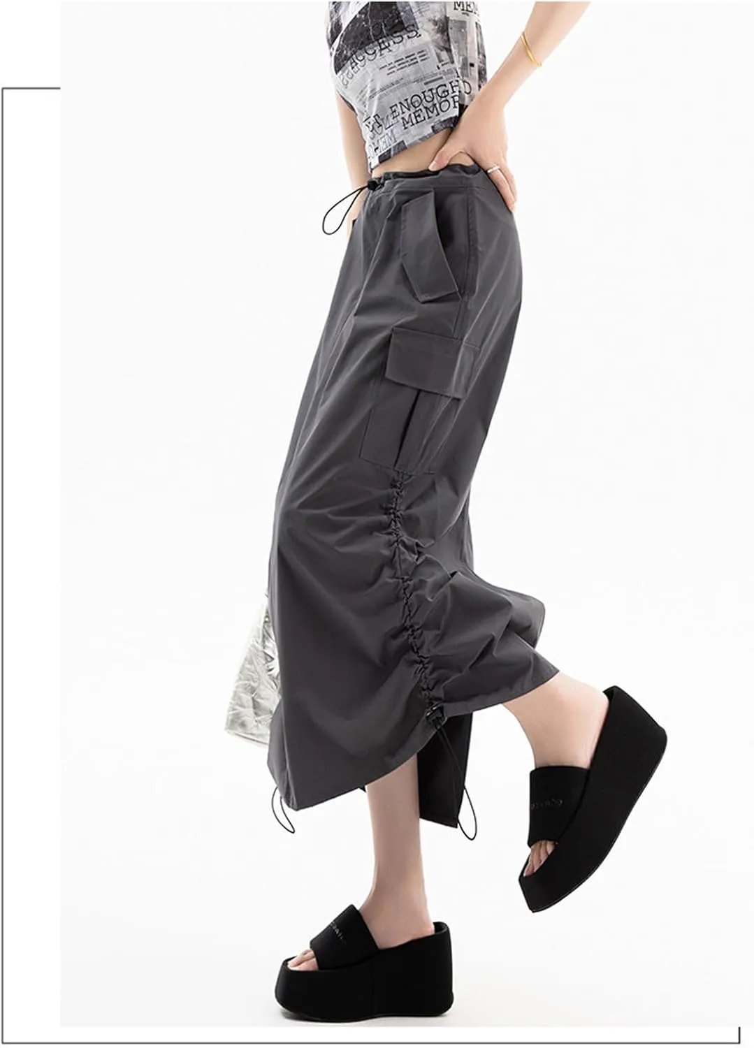 Women's High Waist Cargo Maxi Skirt Ruched Drawstring Baggy Long Skirts