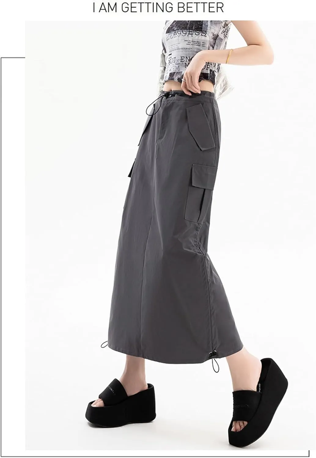 Women's High Waist Cargo Maxi Skirt Ruched Drawstring Baggy Long Skirts