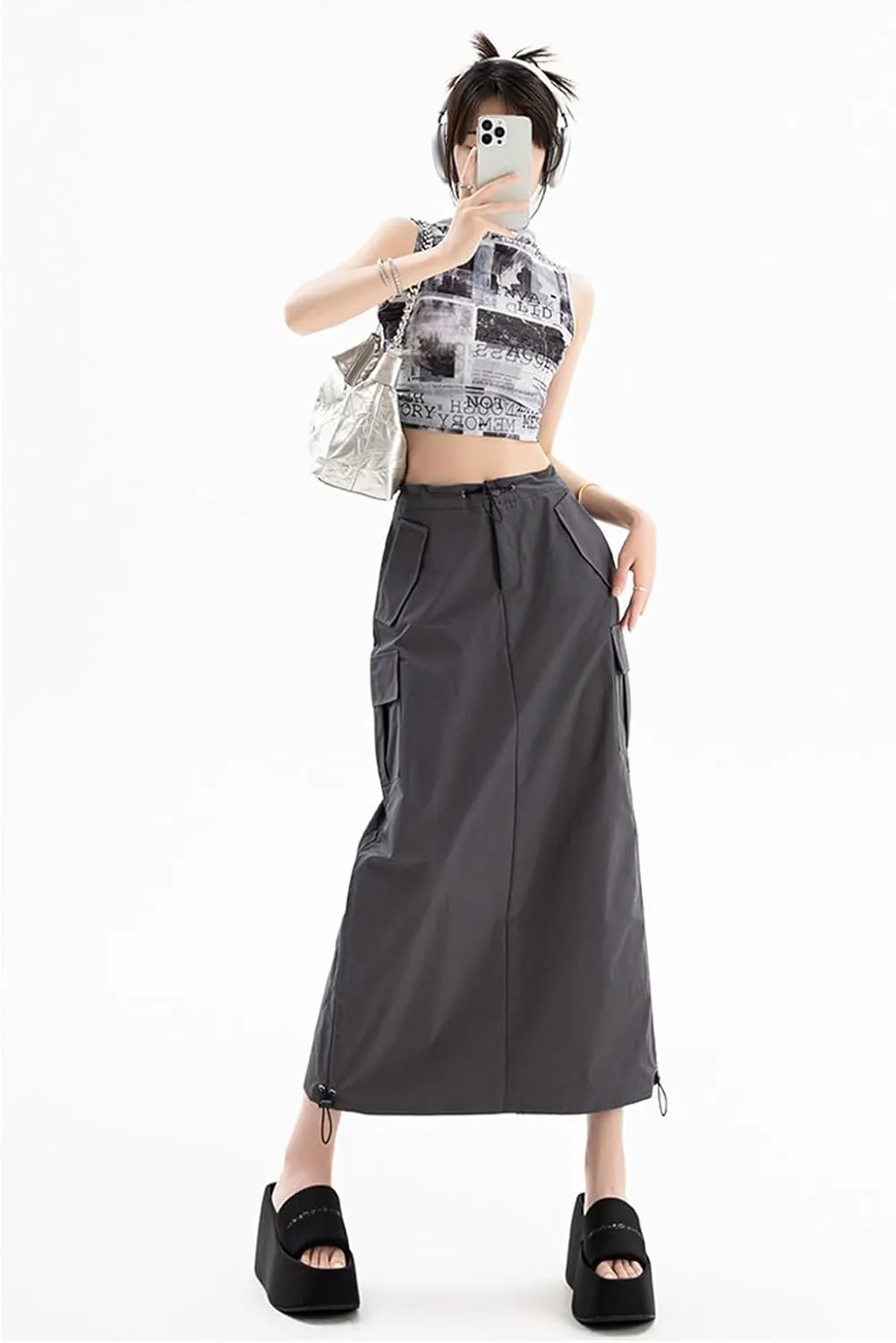Women's High Waist Cargo Maxi Skirt Ruched Drawstring Baggy Long Skirts
