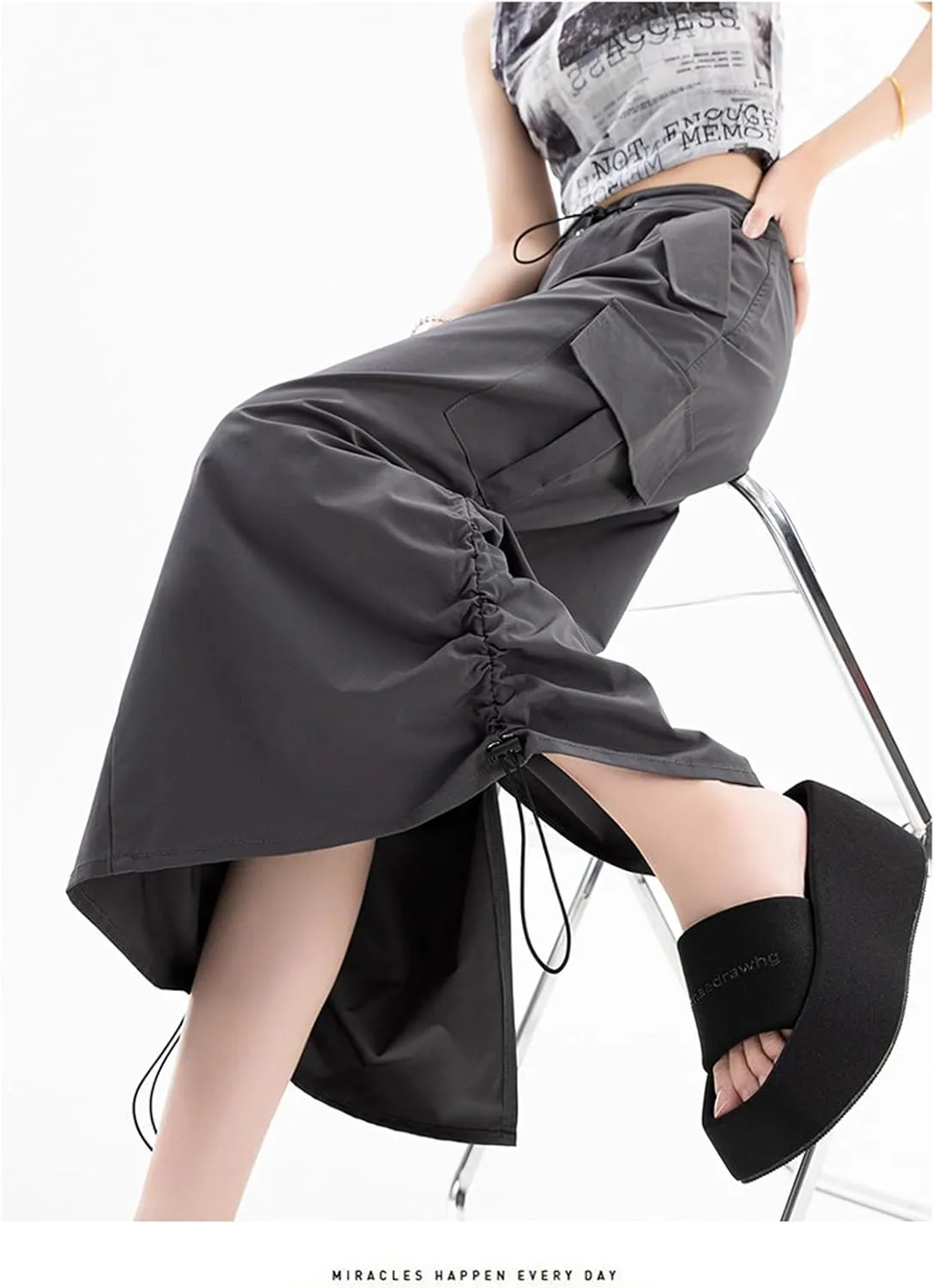 Women's High Waist Cargo Maxi Skirt Ruched Drawstring Baggy Long Skirts