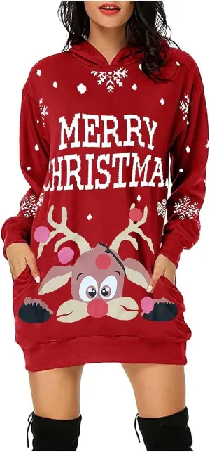 Women's Hoodie Dress Fall Christmas Print Casual Loose Fit Lightweight Oversized Long Sleeve Pullover Dress with Pockets
