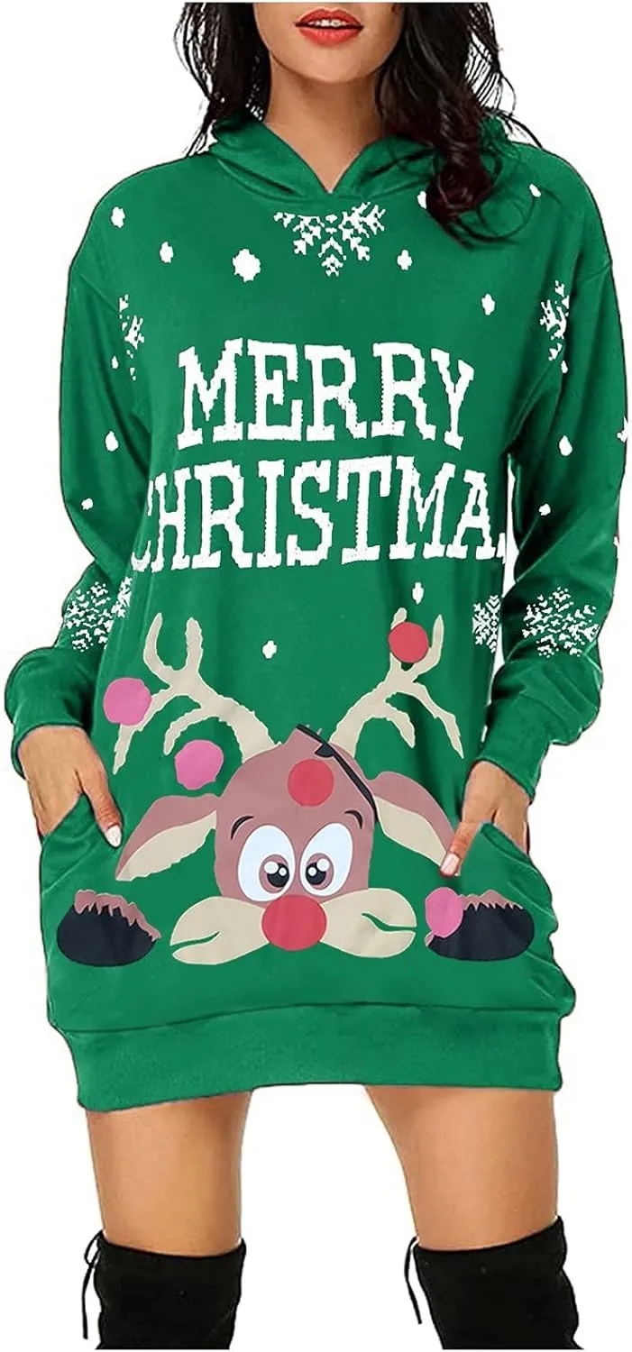 Women's Hoodie Dress Fall Christmas Print Casual Loose Fit Lightweight Oversized Long Sleeve Pullover Dress with Pockets