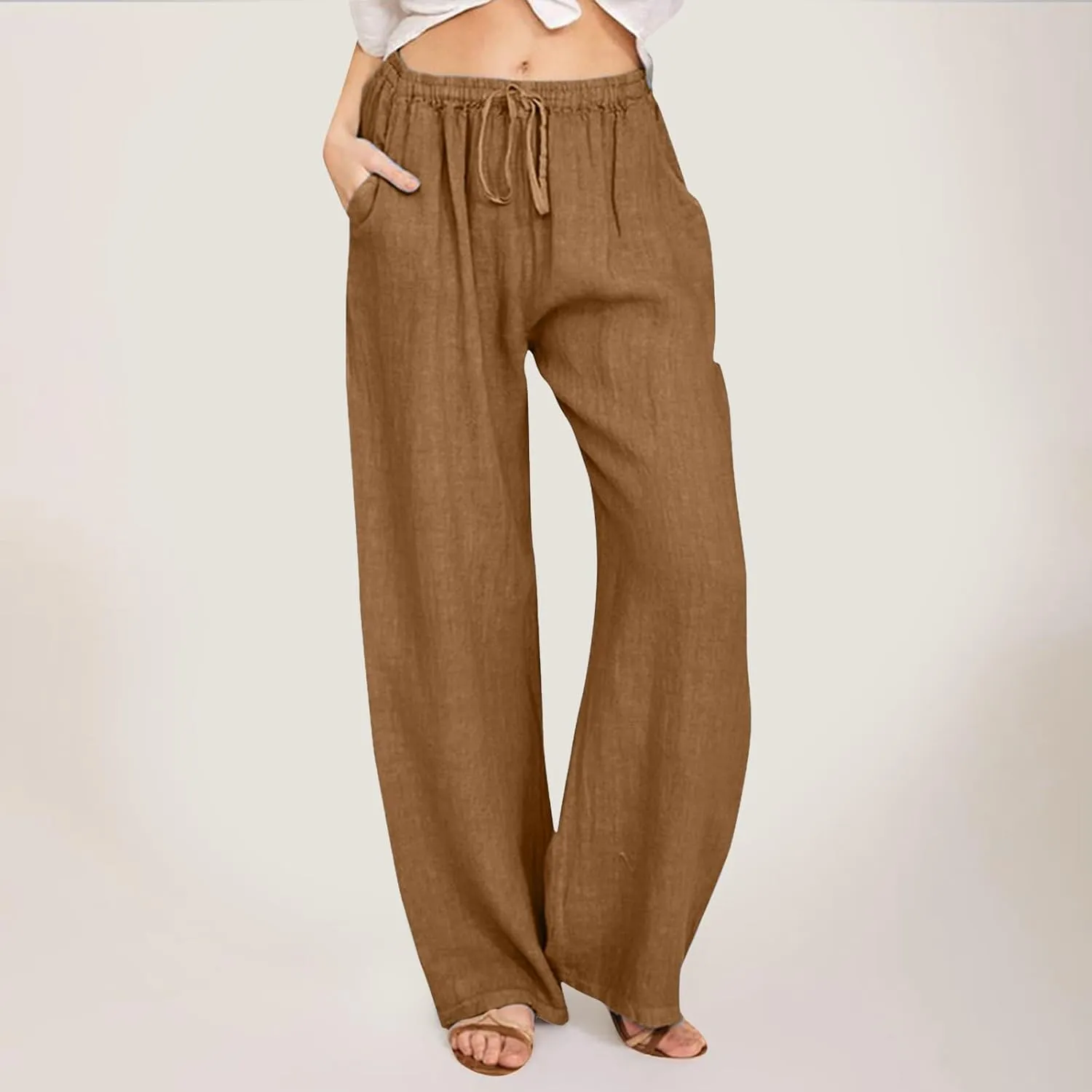 Womens Linen Blend Summer Letter Patched Palazzo Lounge Pants Elastic Waist Wide Leg Slim Fit Palazzo