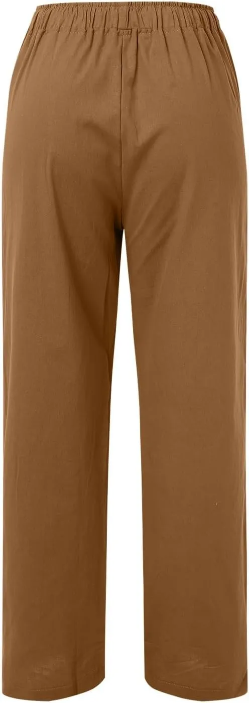 Womens Linen Blend Summer Letter Patched Palazzo Lounge Pants Elastic Waist Wide Leg Slim Fit Palazzo