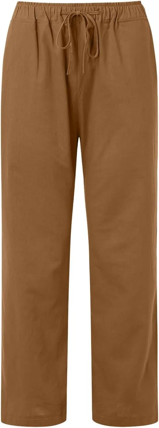 Womens Linen Blend Summer Letter Patched Palazzo Lounge Pants Elastic Waist Wide Leg Slim Fit Palazzo