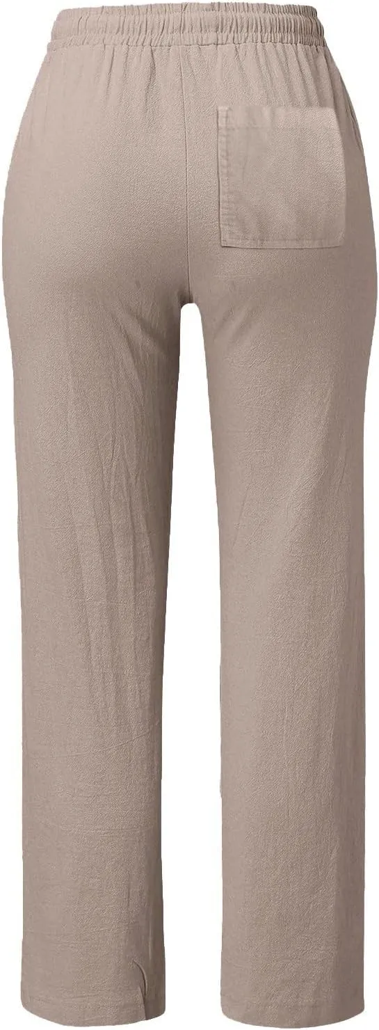 Women's Linen Blend Summer Loose Flowy Palazzo Pants Elastic Waist Stretchy Slim Fit Trouser Vacation