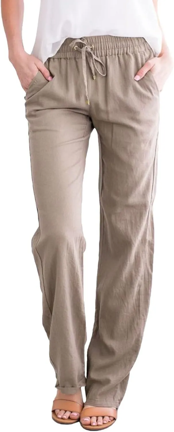 Women's Linen Blend Summer Loose Flowy Palazzo Pants Elastic Waist Stretchy Slim Fit Trouser Vacation