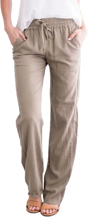 Women's Linen Blend Summer Loose Flowy Palazzo Pants Elastic Waist Stretchy Slim Fit Trouser Vacation