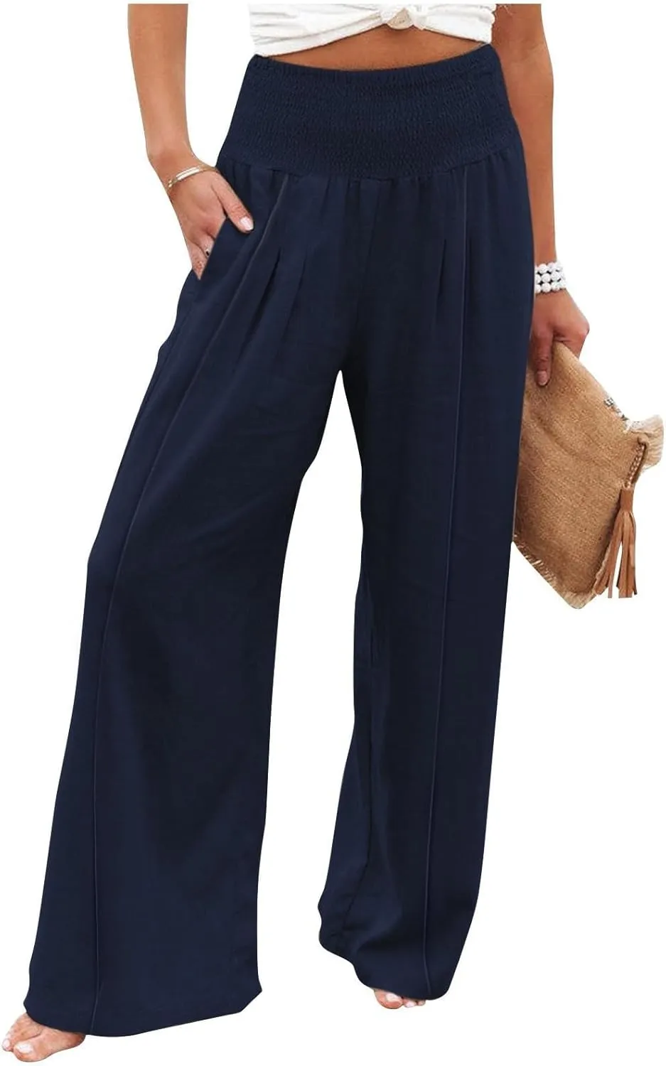 Women's Linen Blend Summer Palazzo Palazzo Pants High Waist Straight Slim Fit Pants Business Work