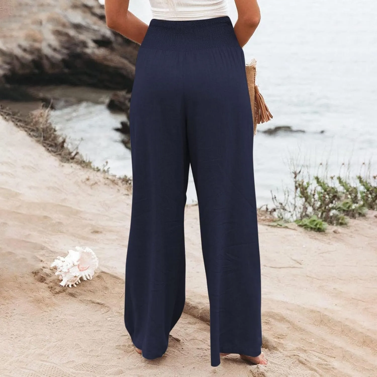 Women's Linen Blend Summer Palazzo Palazzo Pants High Waist Straight Slim Fit Pants Business Work