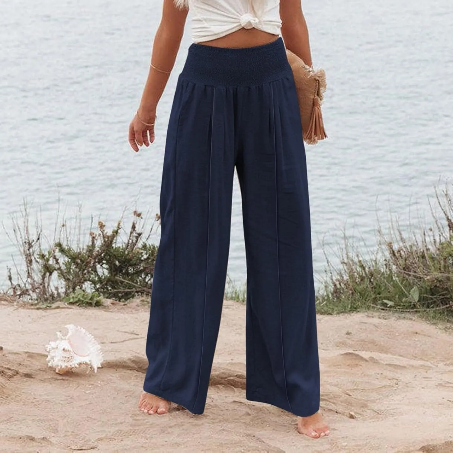 Women's Linen Blend Summer Palazzo Palazzo Pants High Waist Straight Slim Fit Pants Business Work