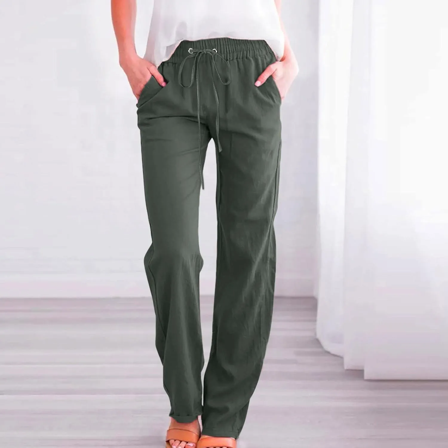 Womens Linen Blend Summer Pull On Pant Trousers Elastic Waist Bootcut Slim-Fit Palazzo Pants Travel