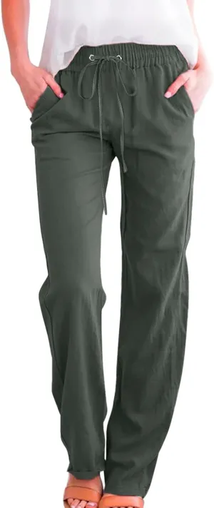 Womens Linen Blend Summer Pull On Pant Trousers Elastic Waist Bootcut Slim-Fit Palazzo Pants Travel