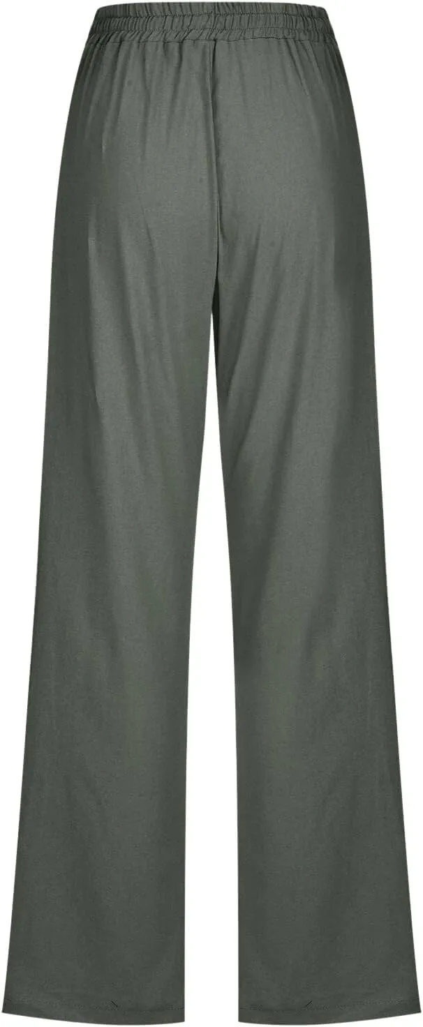 Womens Linen Blend Summer Pull On Pant Trousers Elastic Waist Bootcut Slim-Fit Palazzo Pants Travel