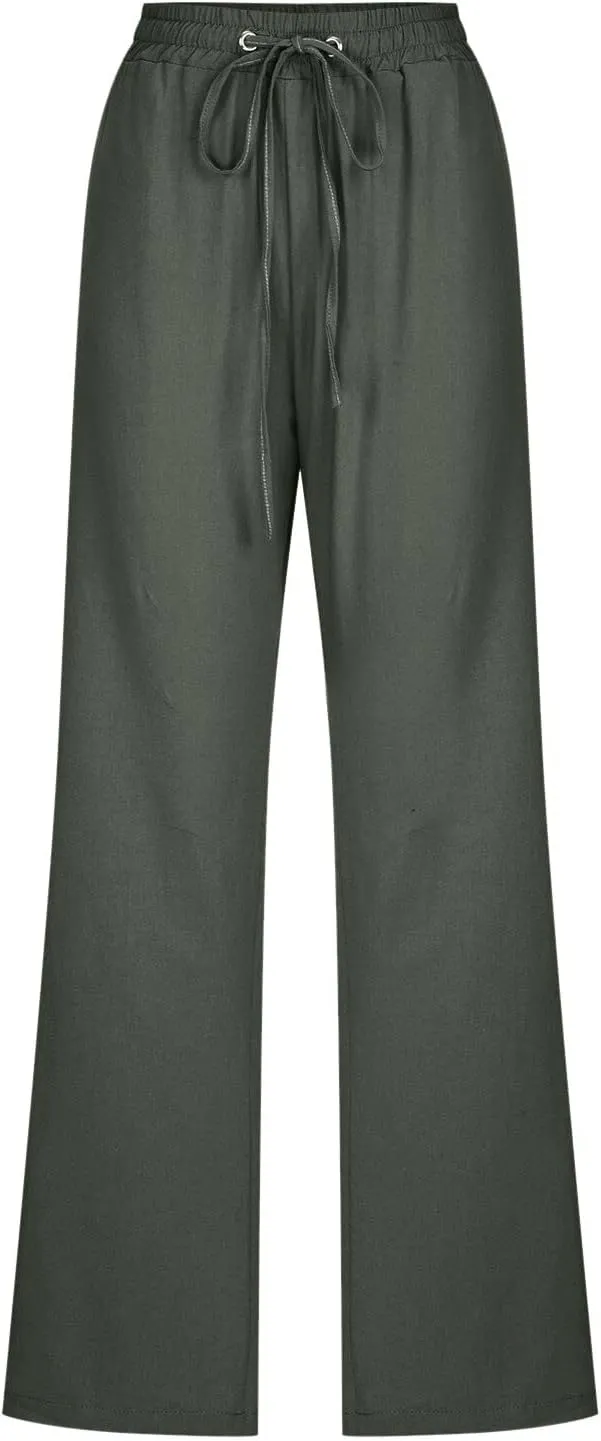 Womens Linen Blend Summer Pull On Pant Trousers Elastic Waist Bootcut Slim-Fit Palazzo Pants Travel