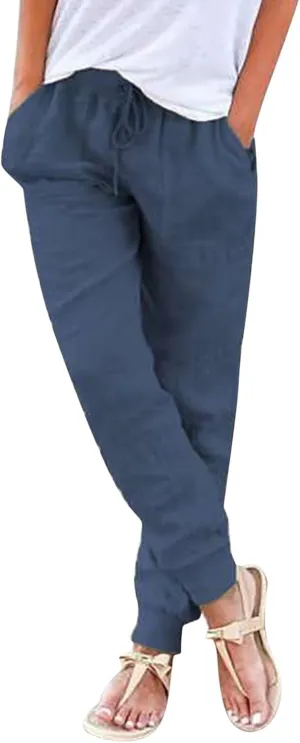 Womens Linen Blend Summer Y2K Streetwear Palazzo Lounge Pants Elastic Waisted Long Lounge Slim-Fit Pant