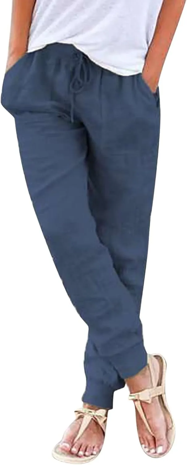 Womens Linen Blend Summer Y2K Streetwear Palazzo Lounge Pants Elastic Waisted Long Lounge Slim-Fit Pant