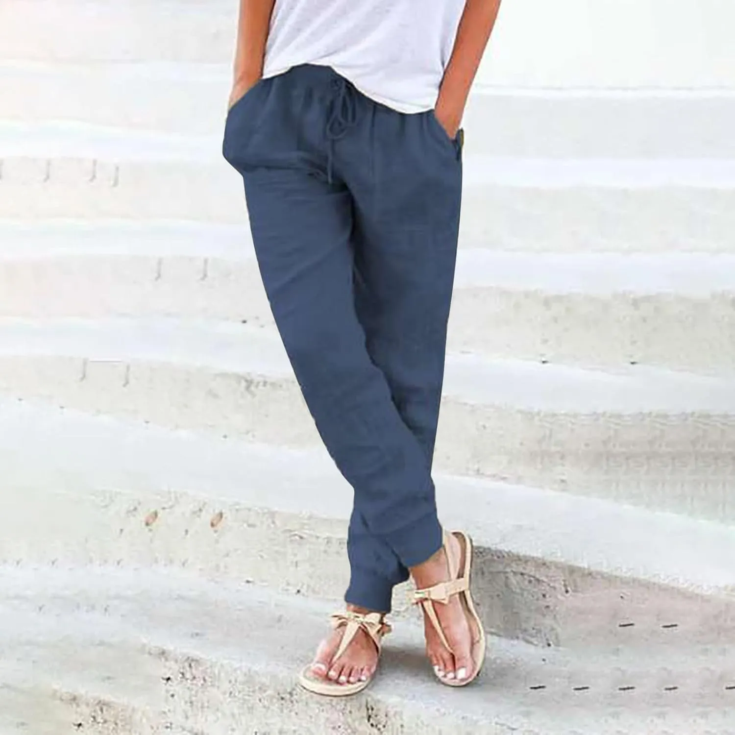 Womens Linen Blend Summer Y2K Streetwear Palazzo Lounge Pants Elastic Waisted Long Lounge Slim-Fit Pant