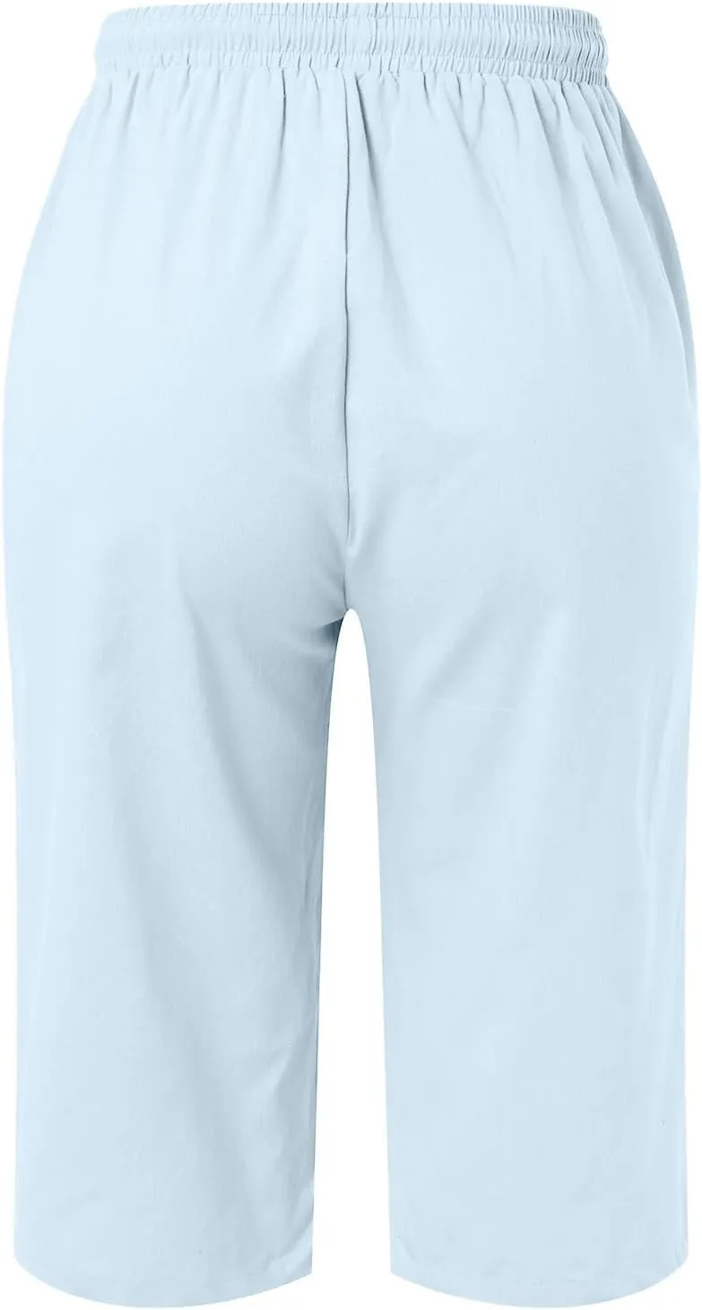 Women's Linen Capris 2025 Summer Casual Plus Size Pants Elastic High Waisted Drawstring Rolled Hem Shorts with Pockets