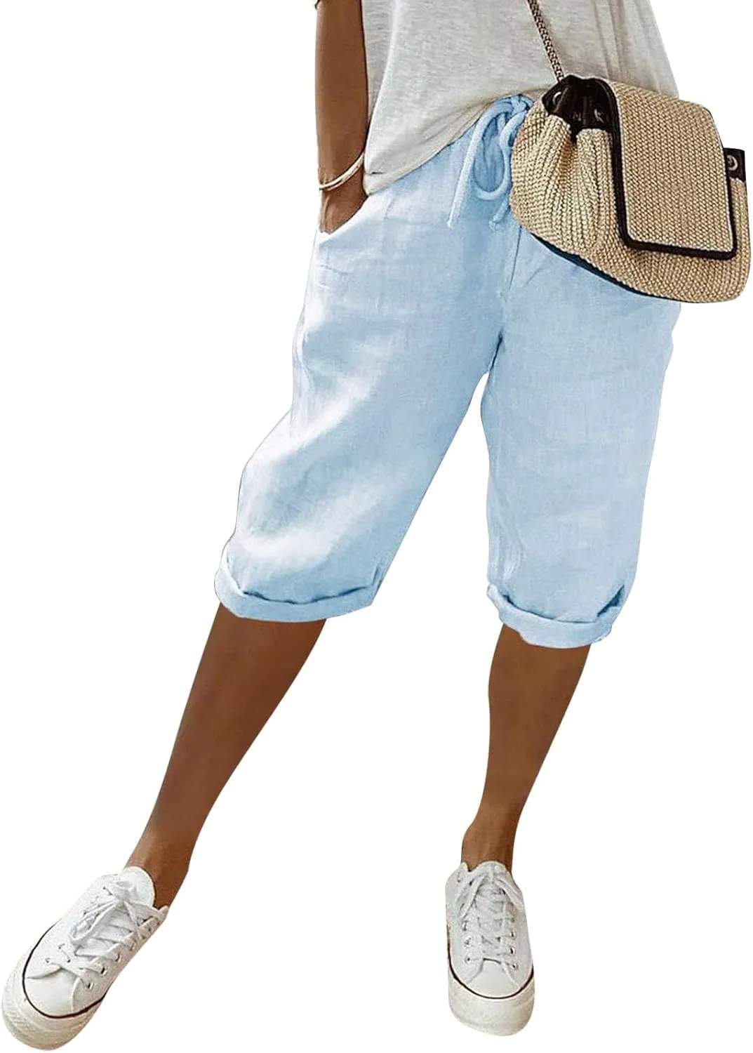 Women's Linen Capris 2025 Summer Casual Plus Size Pants Elastic High Waisted Drawstring Rolled Hem Shorts with Pockets