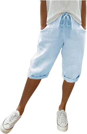 Women's Linen Capris 2025 Summer Casual Plus Size Pants Elastic High Waisted Drawstring Rolled Hem Shorts with Pockets