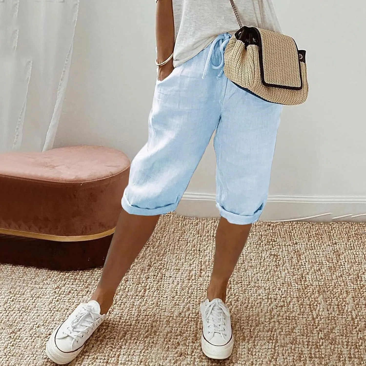 Women's Linen Capris 2025 Summer Casual Plus Size Pants Elastic High Waisted Drawstring Rolled Hem Shorts with Pockets
