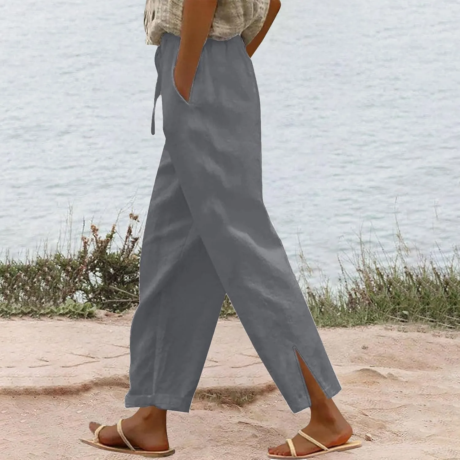 Womens Linen Pants Trendy 2025 Summer Casual Drawstring Elastic Waist Trousers Lightweight Beach Vacation Outfits