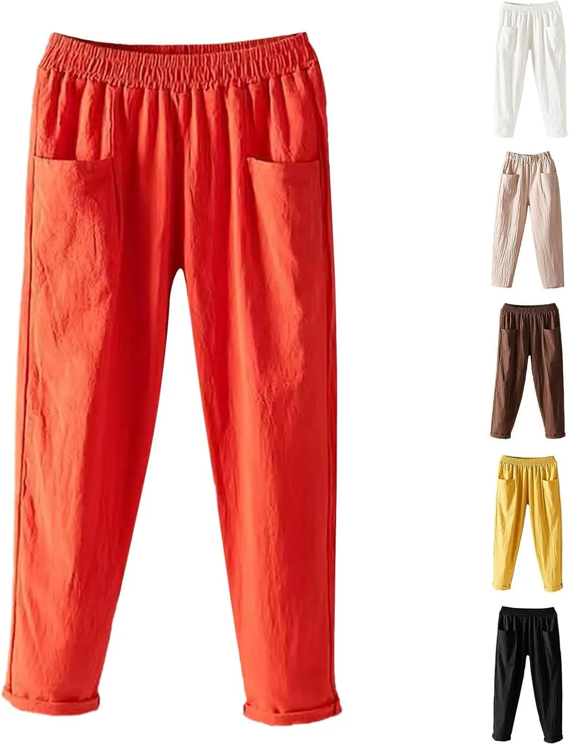 Womens Linen Summer Boho Pant Trousers Elastic Waist Ankle Length Loose Fit Palazzo Lounge Pants Trendy