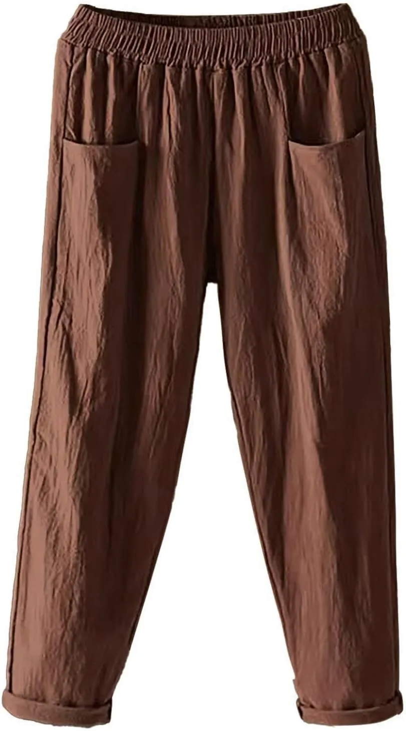 Womens Linen Summer Boho Pant Trousers Elastic Waist Ankle Length Loose Fit Palazzo Lounge Pants Trendy