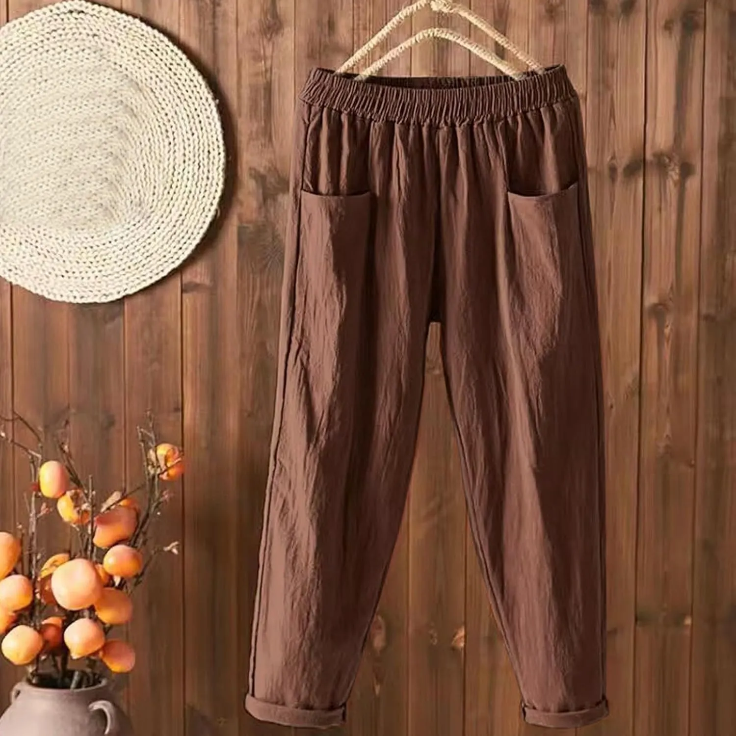Womens Linen Summer Boho Pant Trousers Elastic Waist Ankle Length Loose Fit Palazzo Lounge Pants Trendy