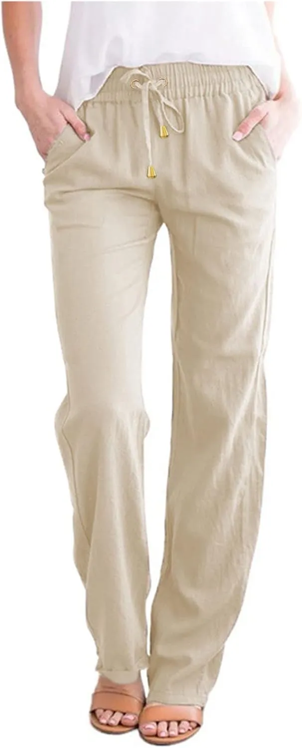 Womens Linen Summer Letter Patched Palazzo Pants High Waist Wide Leg Plus Size Palazzo Lounge Pants Vacation