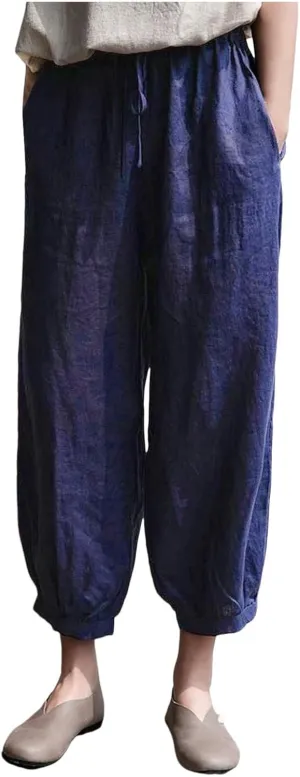 Women's Linen Summer Print Palazzo Lounge Pants Elastic Waisted Bootcut Plus Size Trousers Business Work