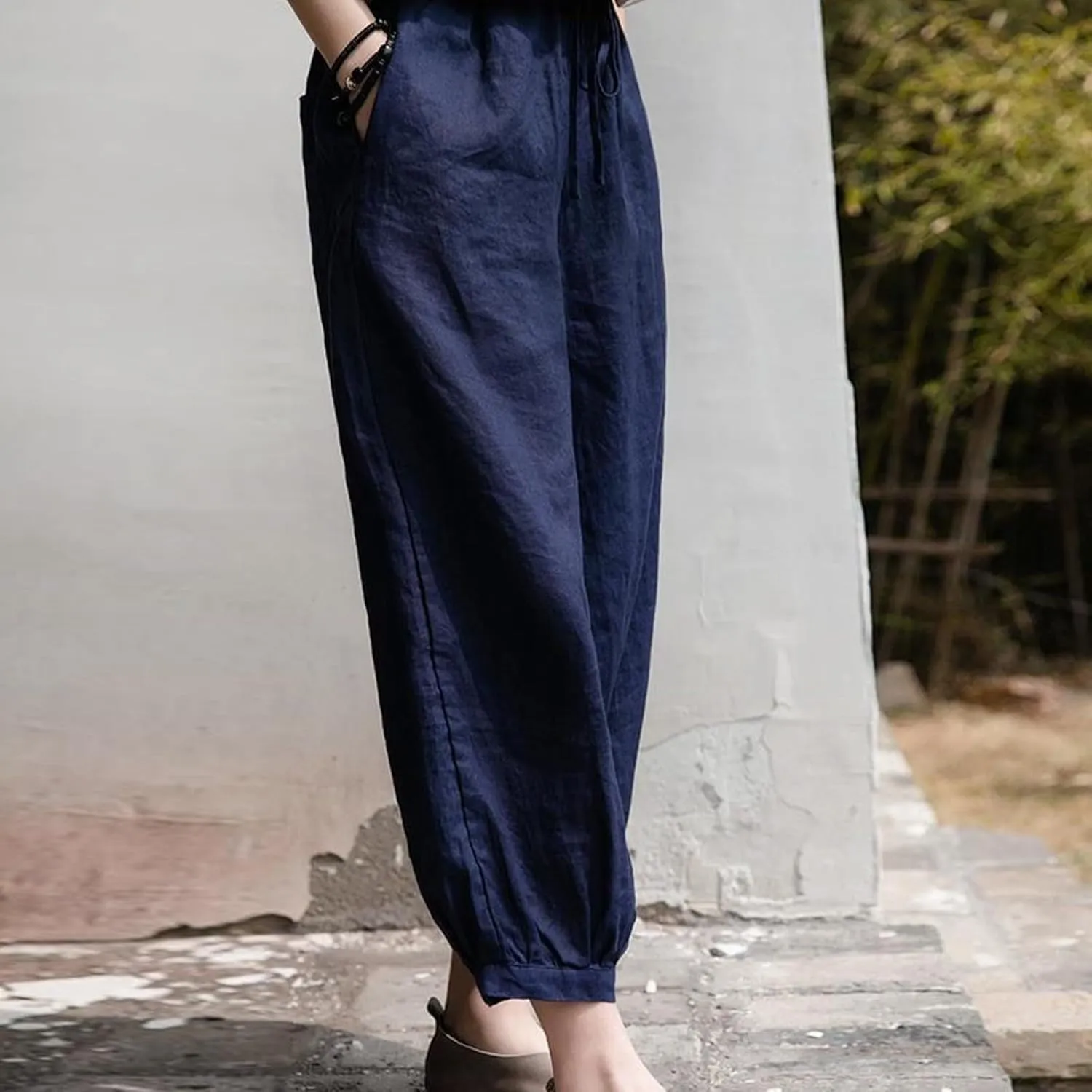 Women's Linen Summer Print Palazzo Lounge Pants Elastic Waisted Bootcut Plus Size Trousers Business Work