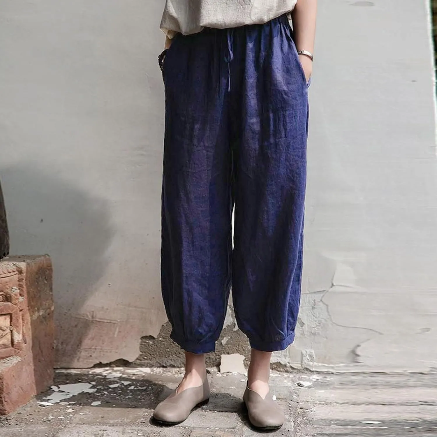 Women's Linen Summer Print Palazzo Lounge Pants Elastic Waisted Bootcut Plus Size Trousers Business Work