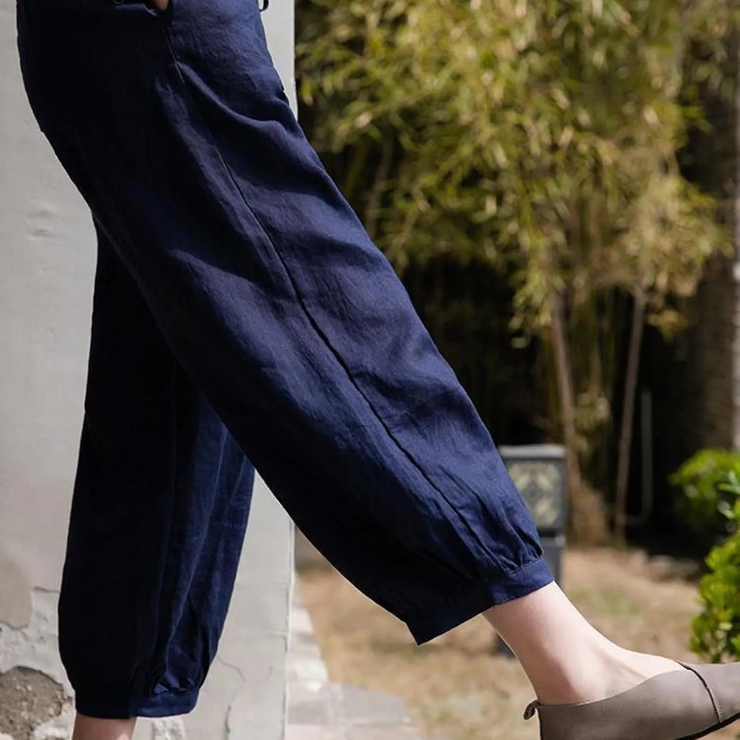 Women's Linen Summer Print Palazzo Lounge Pants Elastic Waisted Bootcut Plus Size Trousers Business Work