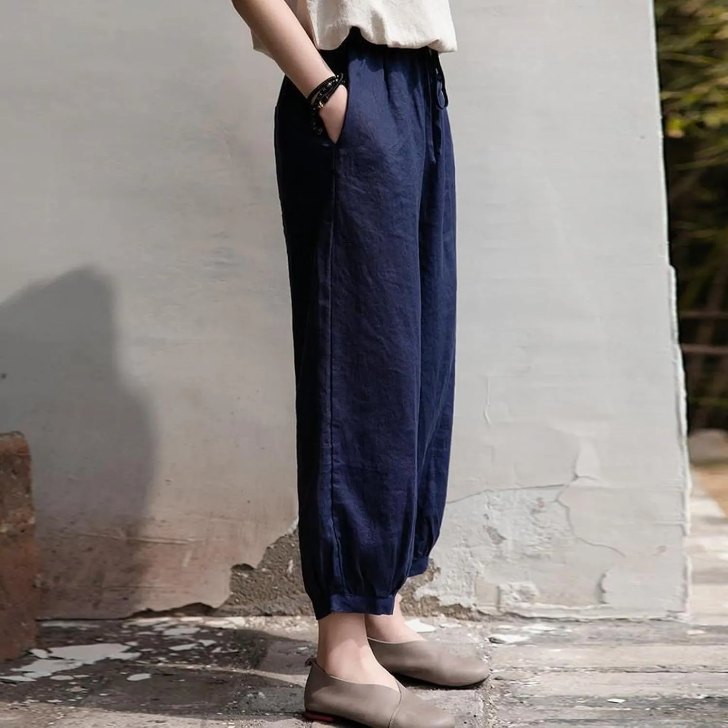 Women's Linen Summer Print Palazzo Lounge Pants Elastic Waisted Bootcut Plus Size Trousers Business Work